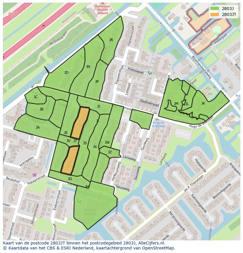 Afbeelding van het postcodegebied 2803 JT op de kaart.