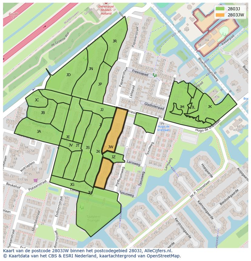 Afbeelding van het postcodegebied 2803 JW op de kaart.