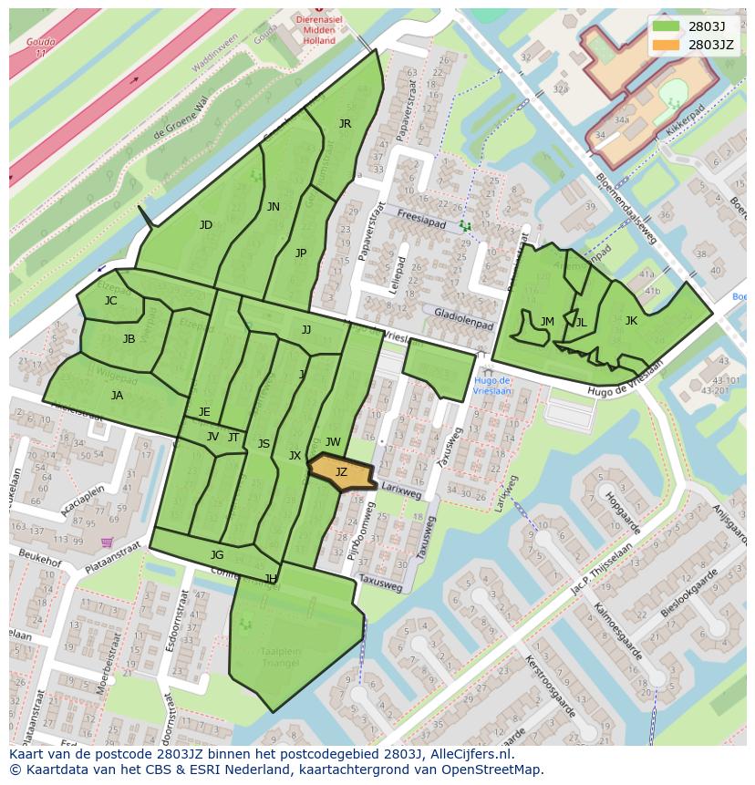 Afbeelding van het postcodegebied 2803 JZ op de kaart.