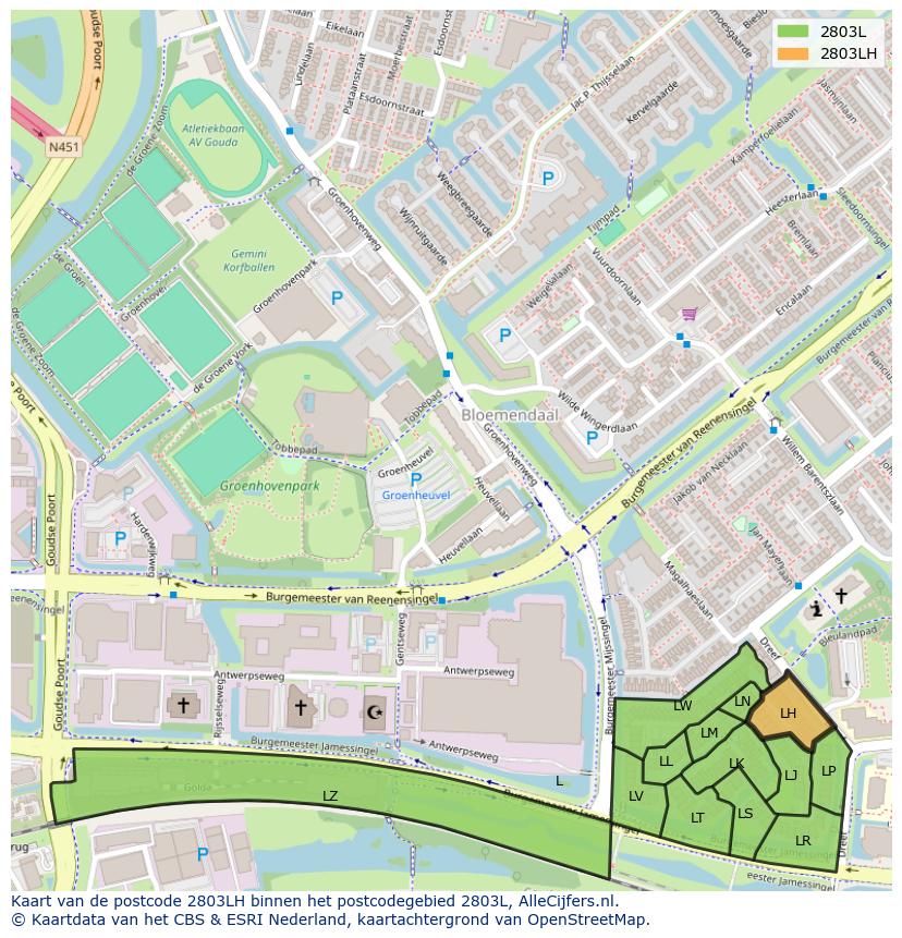 Afbeelding van het postcodegebied 2803 LH op de kaart.