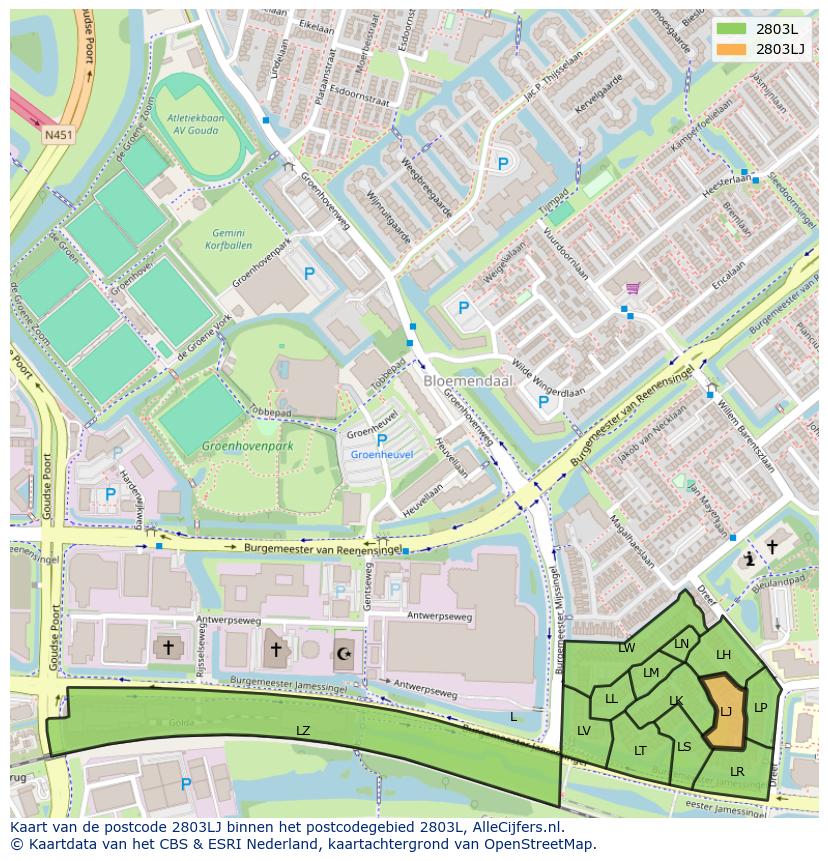 Afbeelding van het postcodegebied 2803 LJ op de kaart.