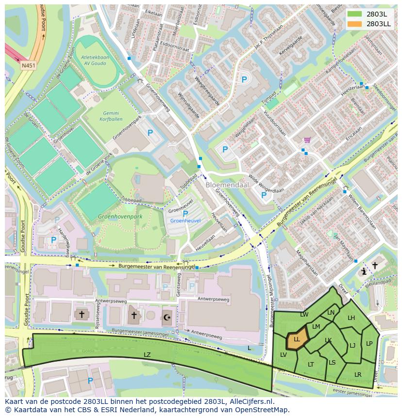Afbeelding van het postcodegebied 2803 LL op de kaart.