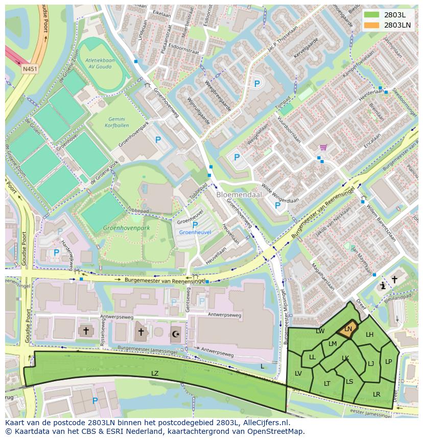 Afbeelding van het postcodegebied 2803 LN op de kaart.