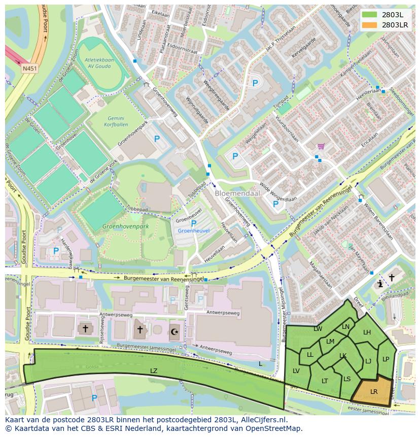 Afbeelding van het postcodegebied 2803 LR op de kaart.