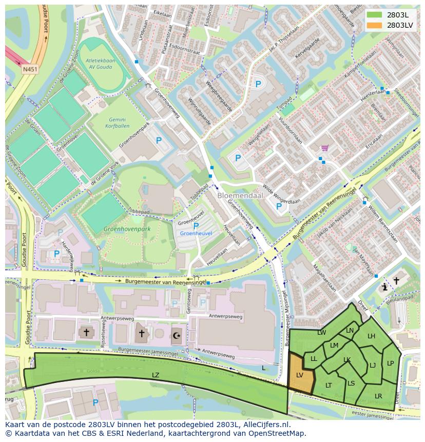 Afbeelding van het postcodegebied 2803 LV op de kaart.