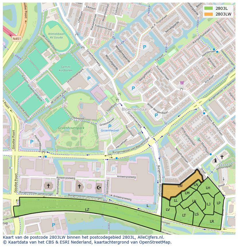 Afbeelding van het postcodegebied 2803 LW op de kaart.