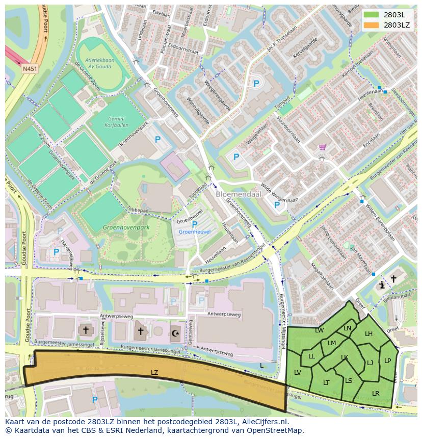 Afbeelding van het postcodegebied 2803 LZ op de kaart.