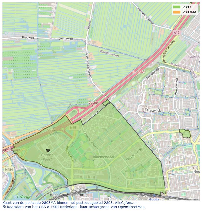 Afbeelding van het postcodegebied 2803 MA op de kaart.