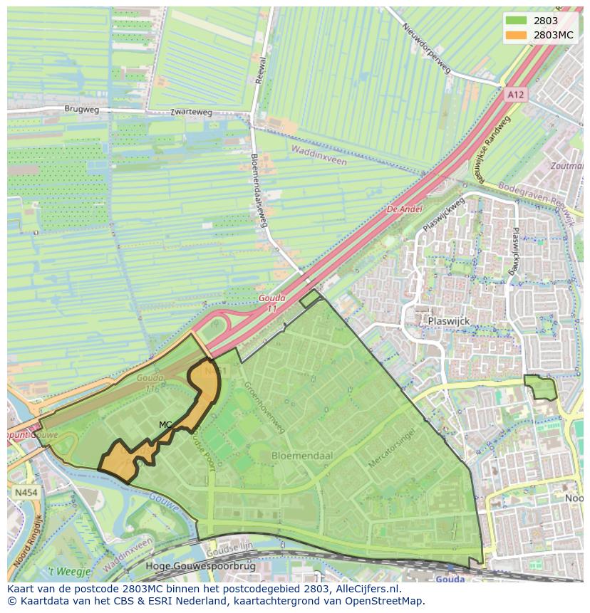 Afbeelding van het postcodegebied 2803 MC op de kaart.