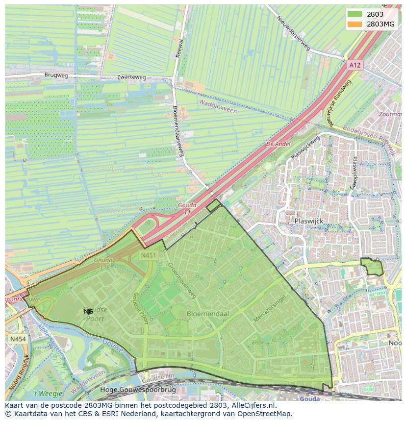 Afbeelding van het postcodegebied 2803 MG op de kaart.