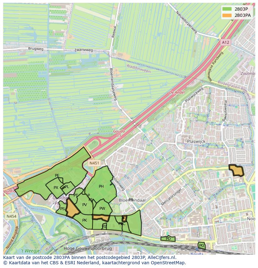 Afbeelding van het postcodegebied 2803 PA op de kaart.