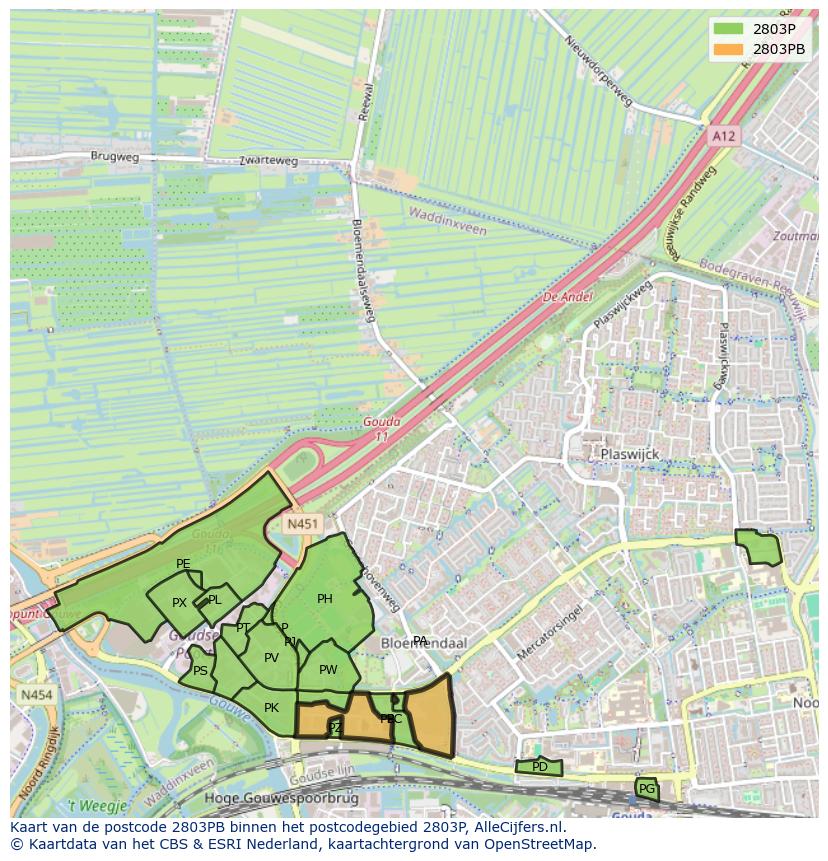 Afbeelding van het postcodegebied 2803 PB op de kaart.