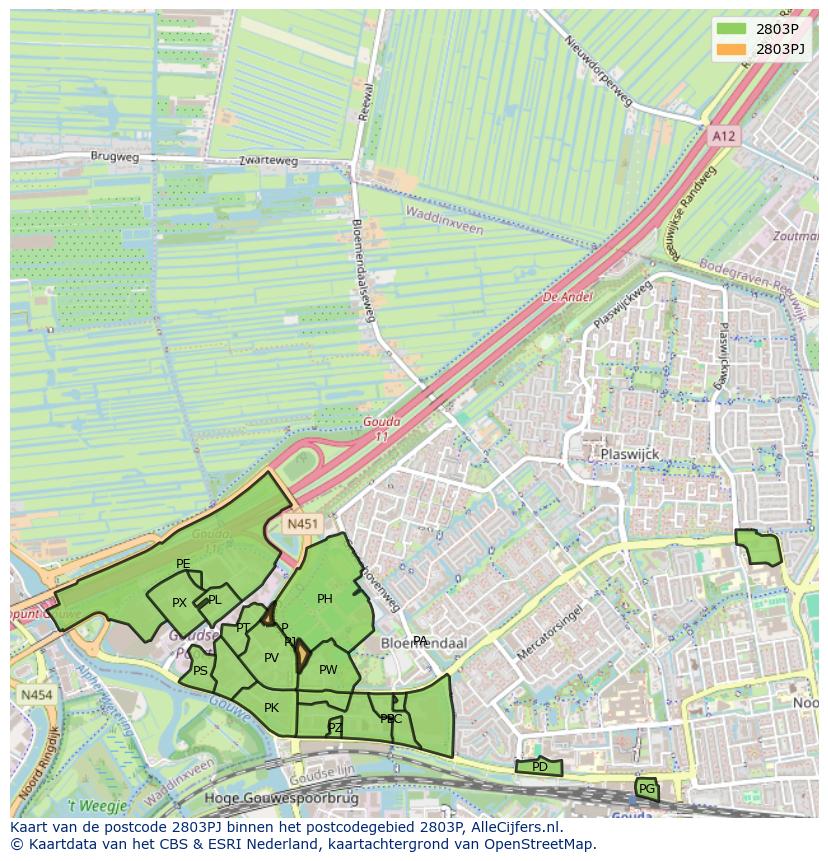 Afbeelding van het postcodegebied 2803 PJ op de kaart.