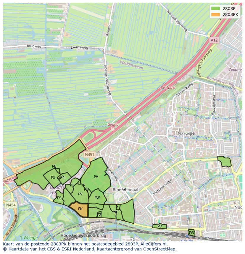 Afbeelding van het postcodegebied 2803 PK op de kaart.