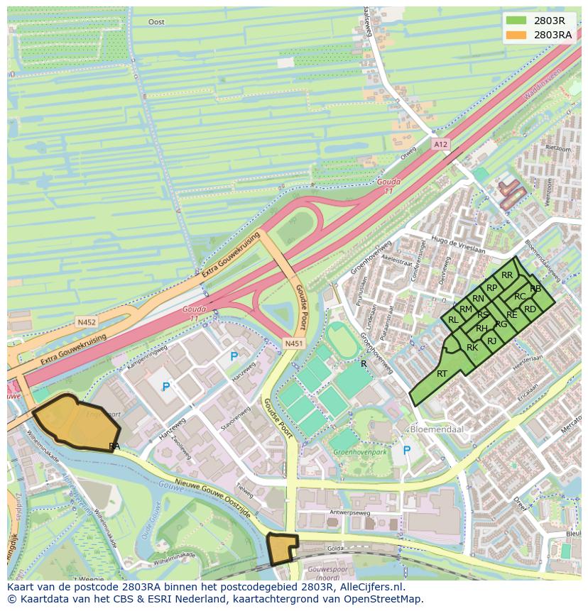 Afbeelding van het postcodegebied 2803 RA op de kaart.