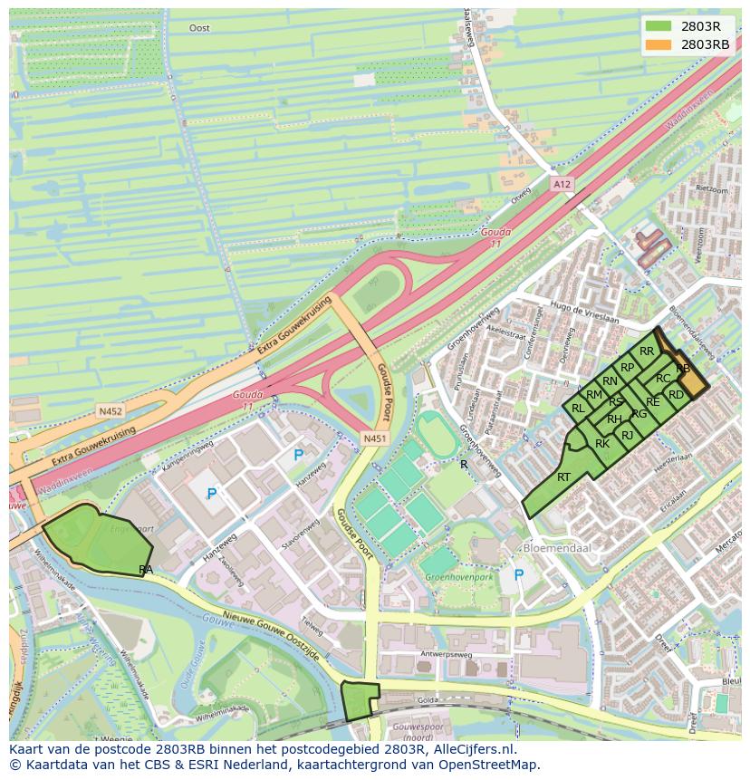 Afbeelding van het postcodegebied 2803 RB op de kaart.