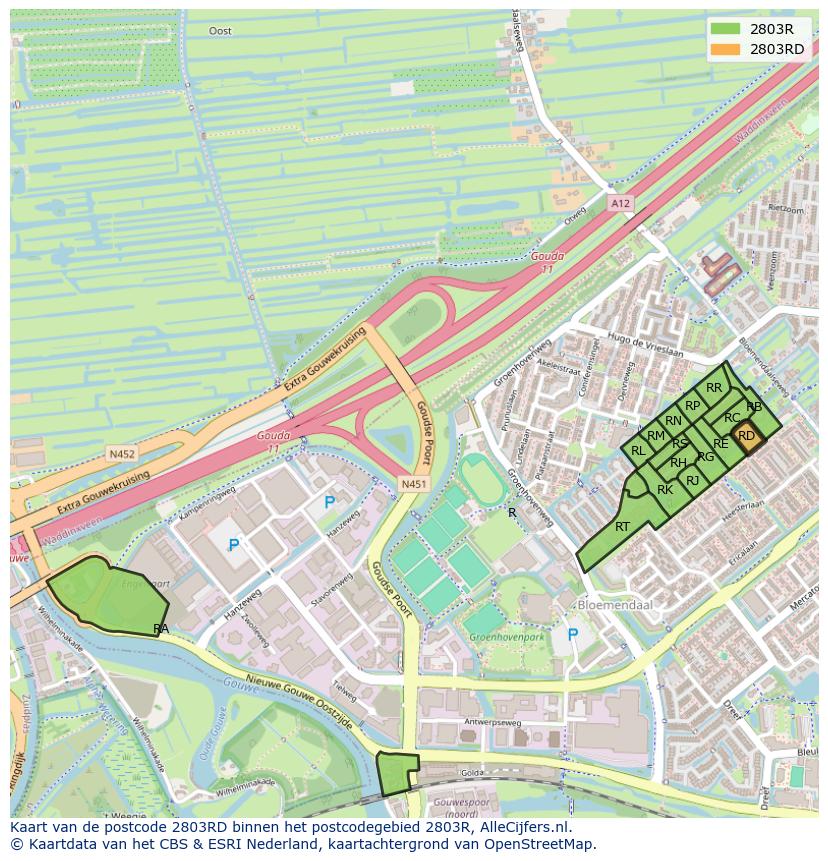 Afbeelding van het postcodegebied 2803 RD op de kaart.