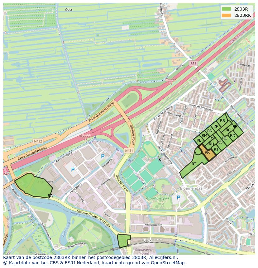 Afbeelding van het postcodegebied 2803 RK op de kaart.