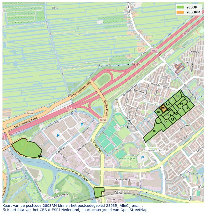 Afbeelding van het postcodegebied 2803 RM op de kaart.