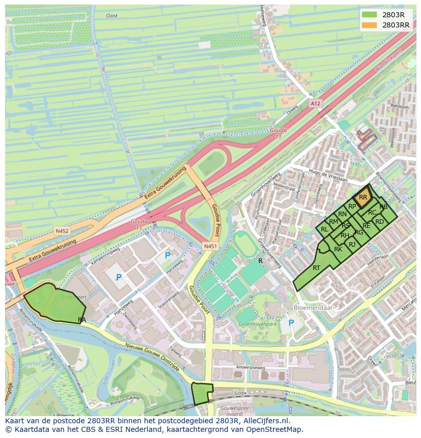Afbeelding van het postcodegebied 2803 RR op de kaart.