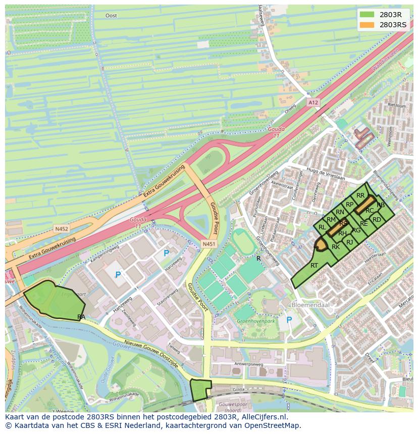 Afbeelding van het postcodegebied 2803 RS op de kaart.