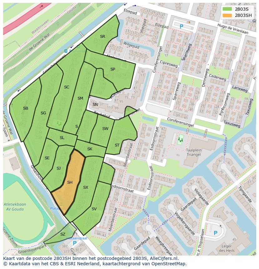 Afbeelding van het postcodegebied 2803 SH op de kaart.