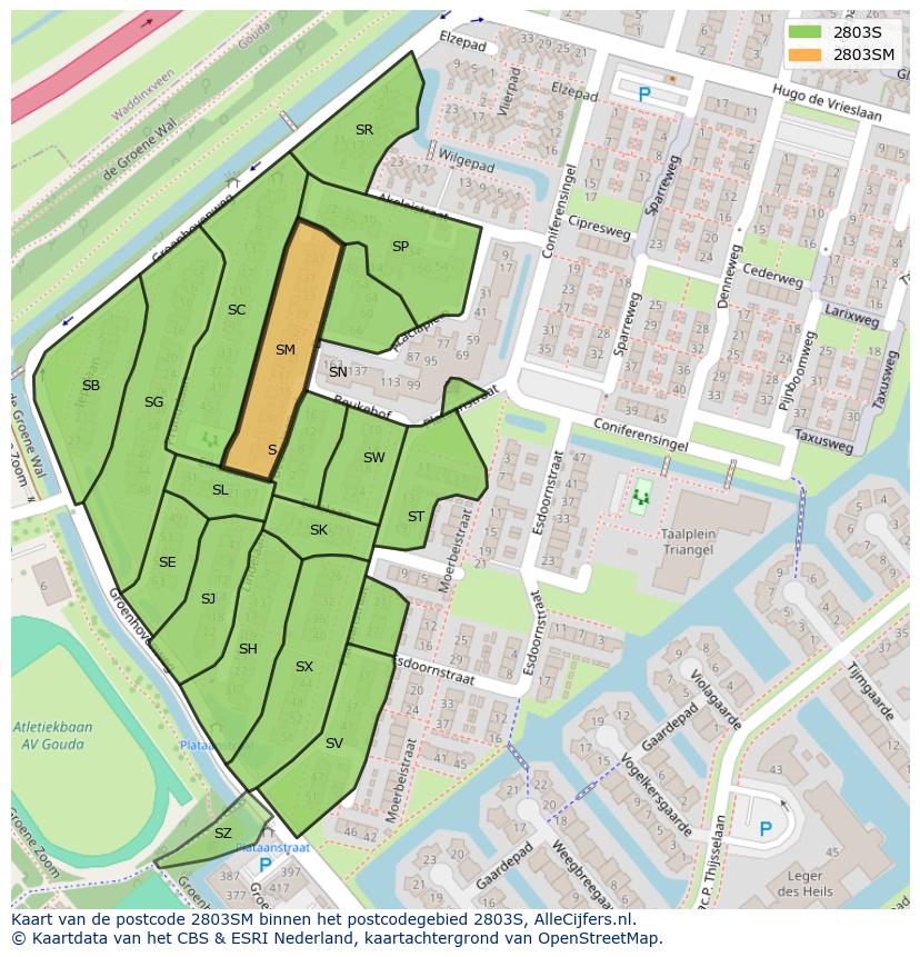 Afbeelding van het postcodegebied 2803 SM op de kaart.