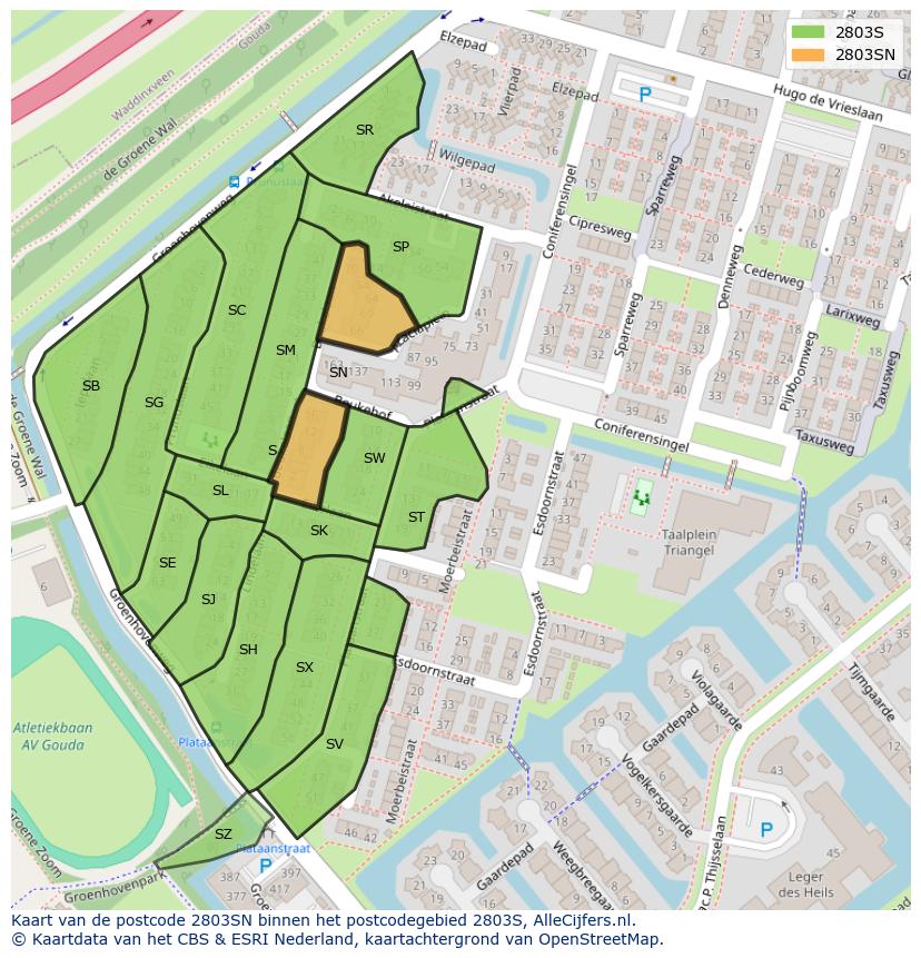 Afbeelding van het postcodegebied 2803 SN op de kaart.