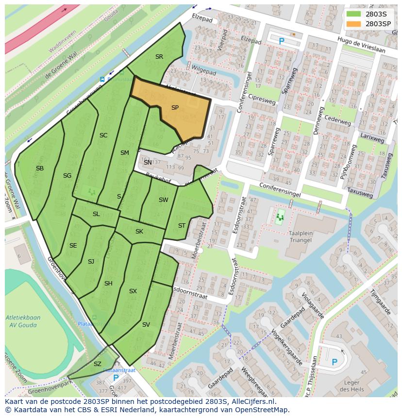 Afbeelding van het postcodegebied 2803 SP op de kaart.