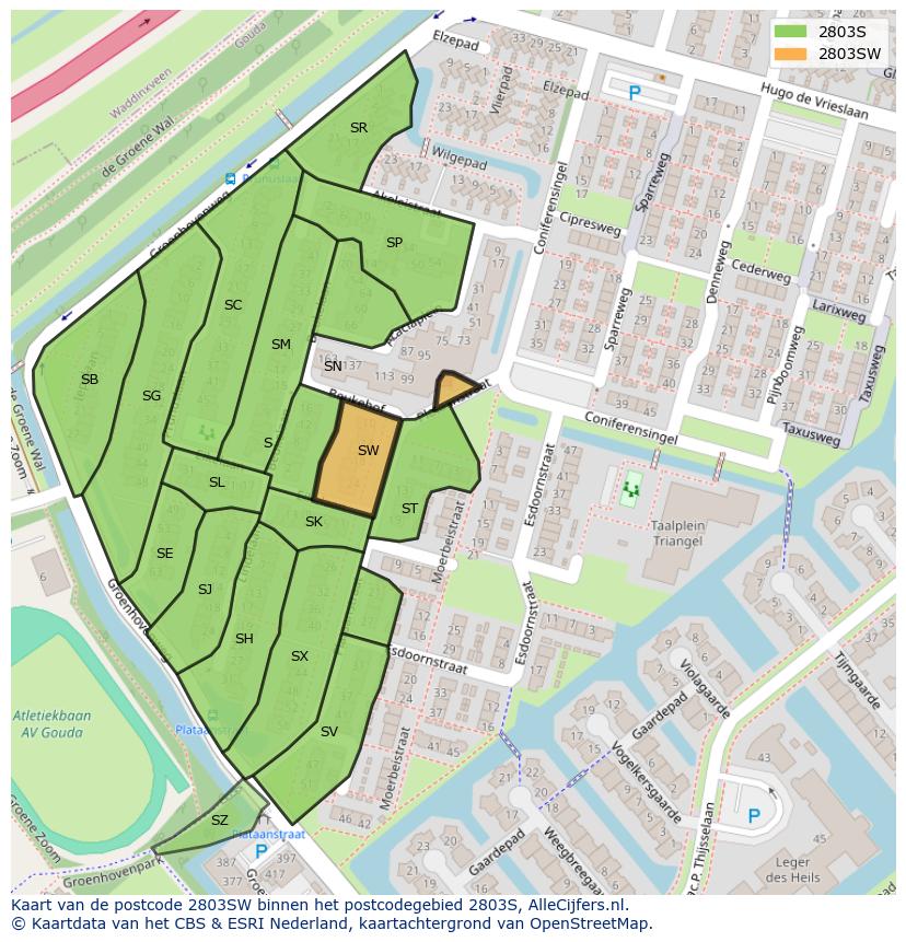 Afbeelding van het postcodegebied 2803 SW op de kaart.