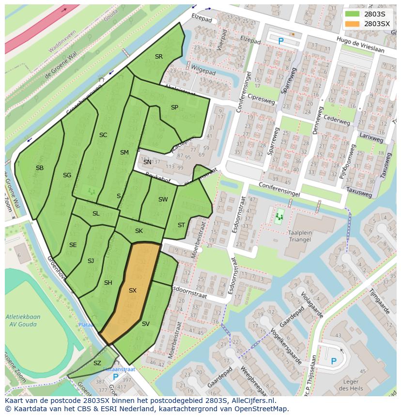 Afbeelding van het postcodegebied 2803 SX op de kaart.
