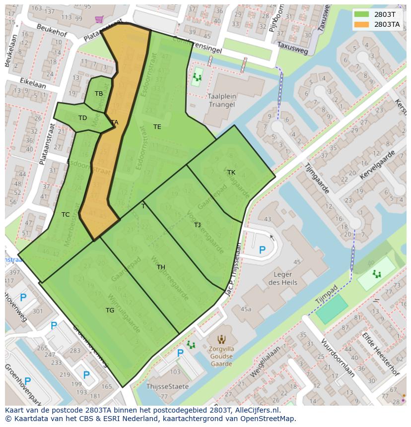 Afbeelding van het postcodegebied 2803 TA op de kaart.