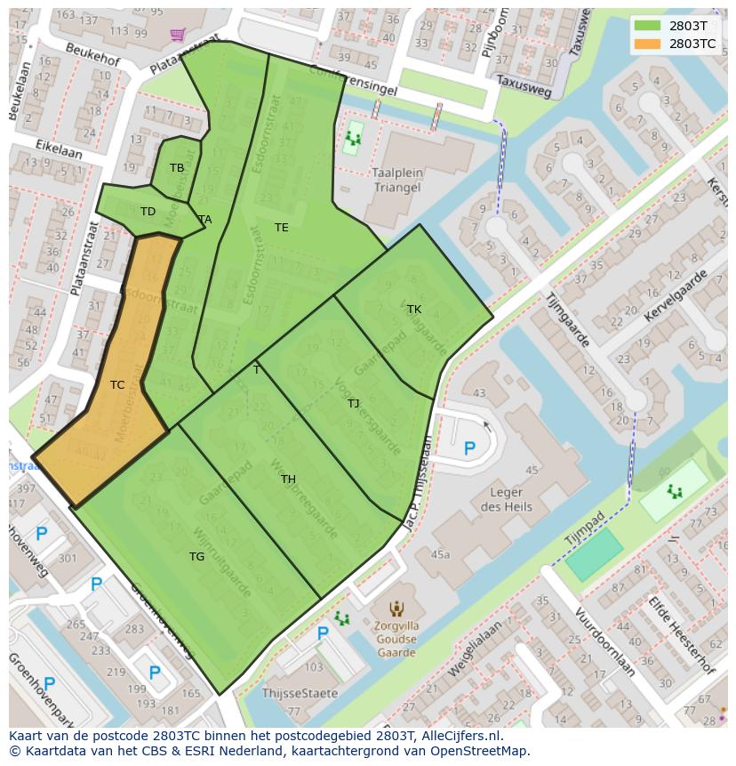 Afbeelding van het postcodegebied 2803 TC op de kaart.