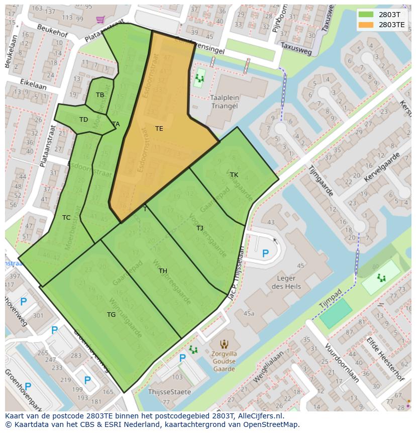 Afbeelding van het postcodegebied 2803 TE op de kaart.