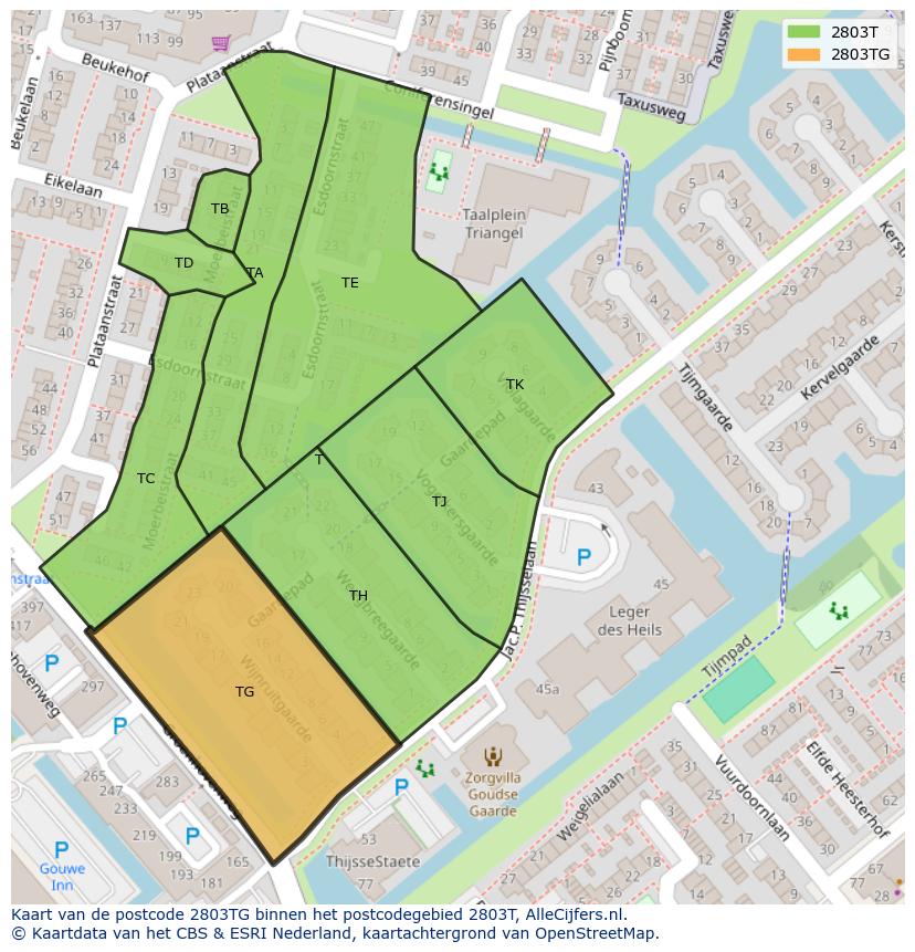 Afbeelding van het postcodegebied 2803 TG op de kaart.