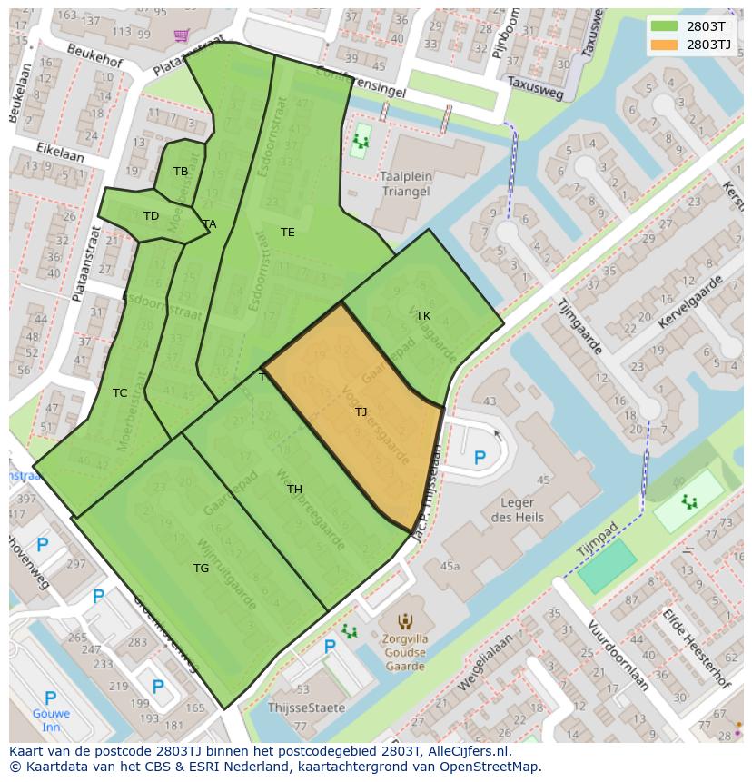 Afbeelding van het postcodegebied 2803 TJ op de kaart.