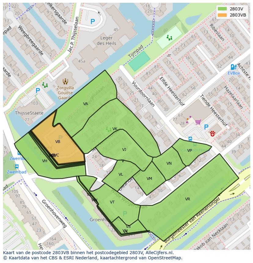 Afbeelding van het postcodegebied 2803 VB op de kaart.