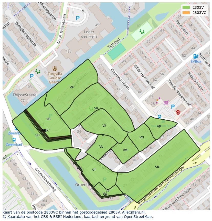 Afbeelding van het postcodegebied 2803 VC op de kaart.