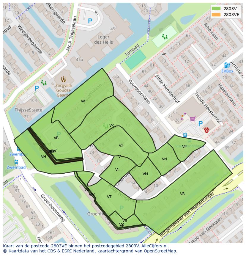 Afbeelding van het postcodegebied 2803 VE op de kaart.