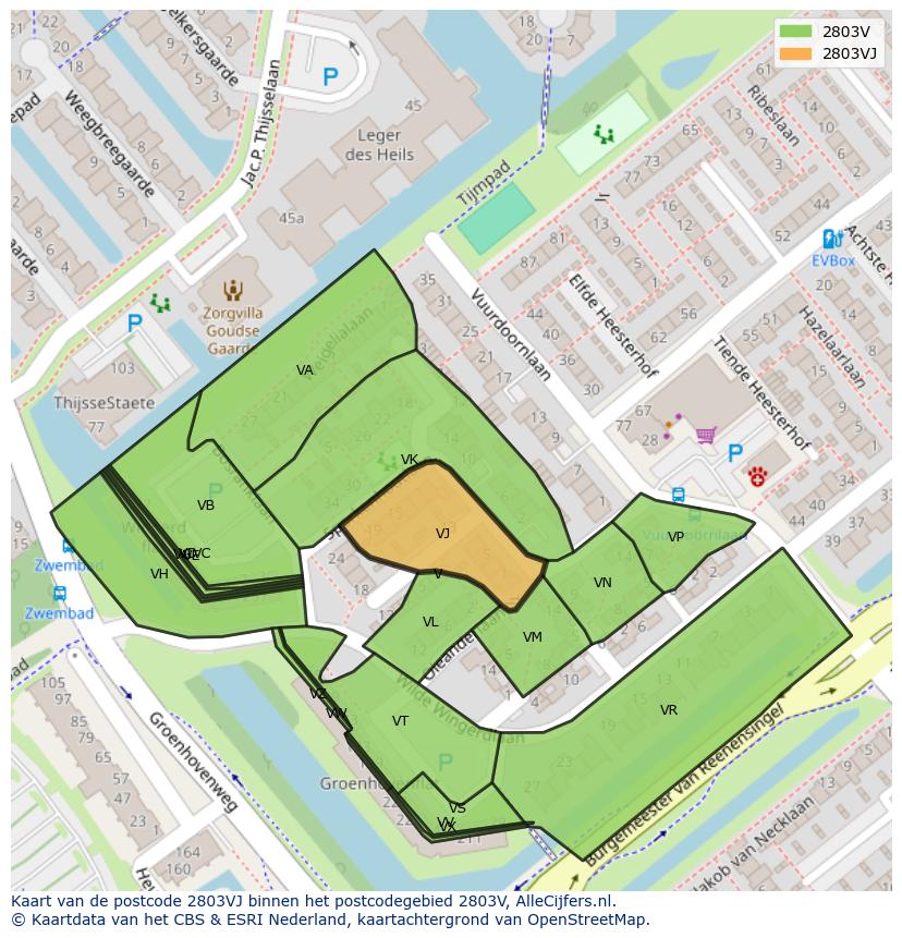 Afbeelding van het postcodegebied 2803 VJ op de kaart.