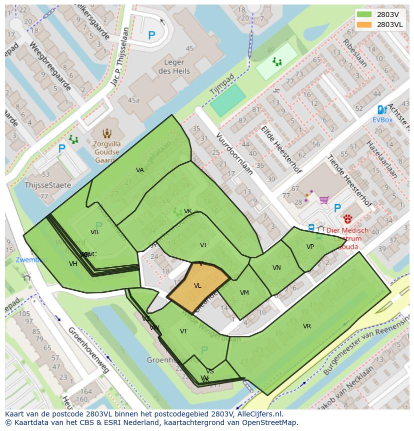 Afbeelding van het postcodegebied 2803 VL op de kaart.