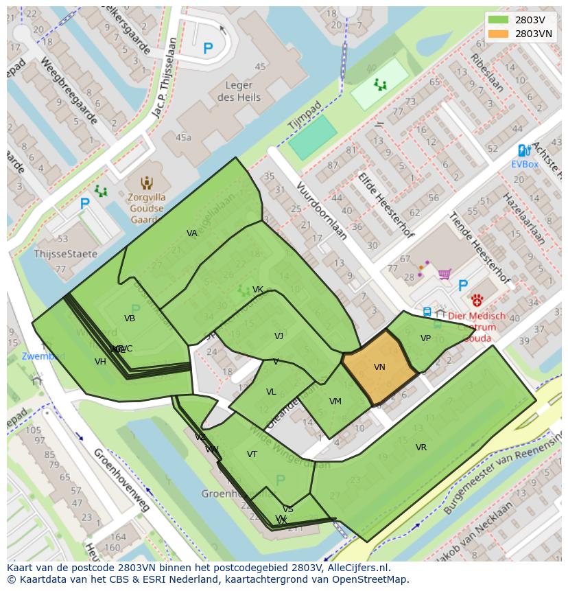 Afbeelding van het postcodegebied 2803 VN op de kaart.