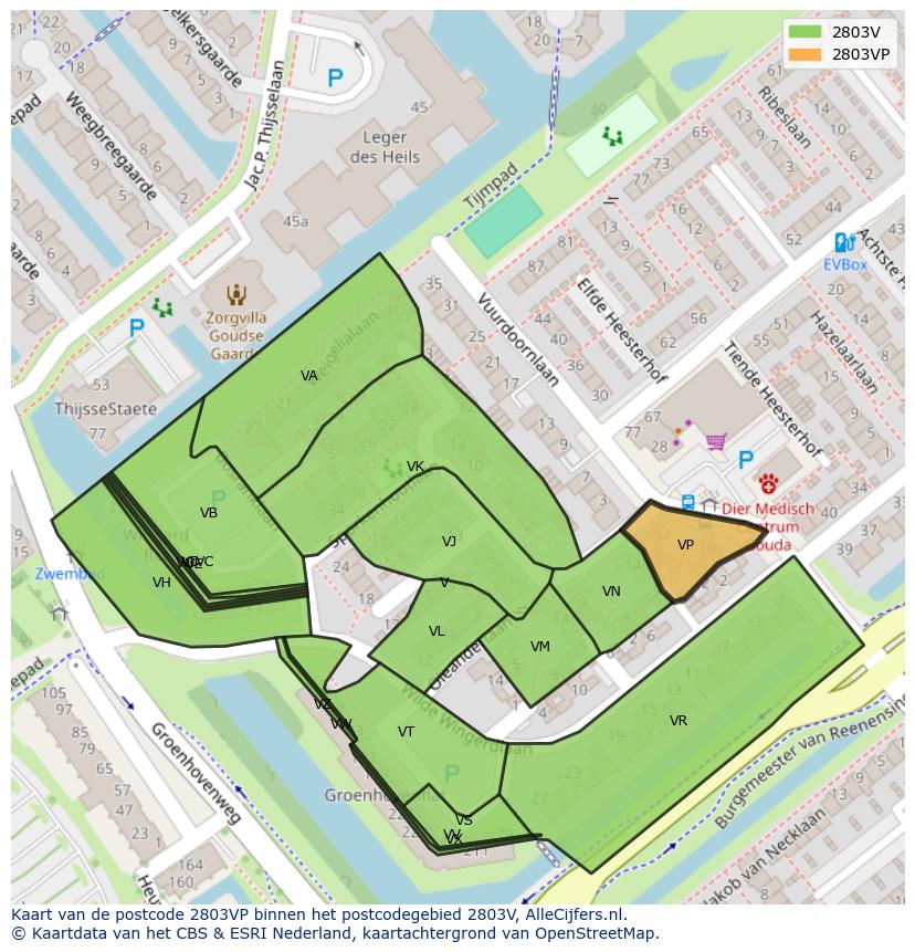 Afbeelding van het postcodegebied 2803 VP op de kaart.
