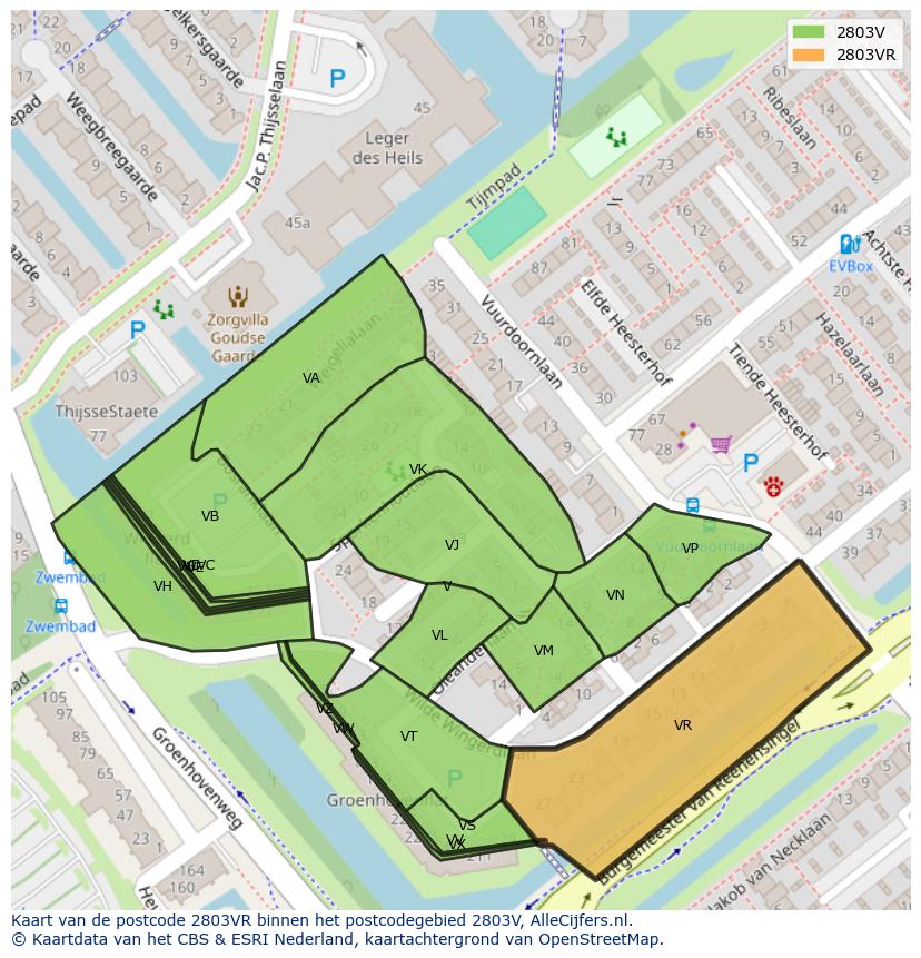 Afbeelding van het postcodegebied 2803 VR op de kaart.