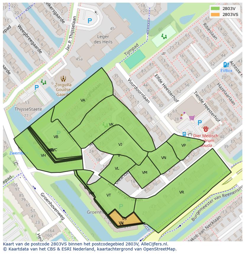 Afbeelding van het postcodegebied 2803 VS op de kaart.