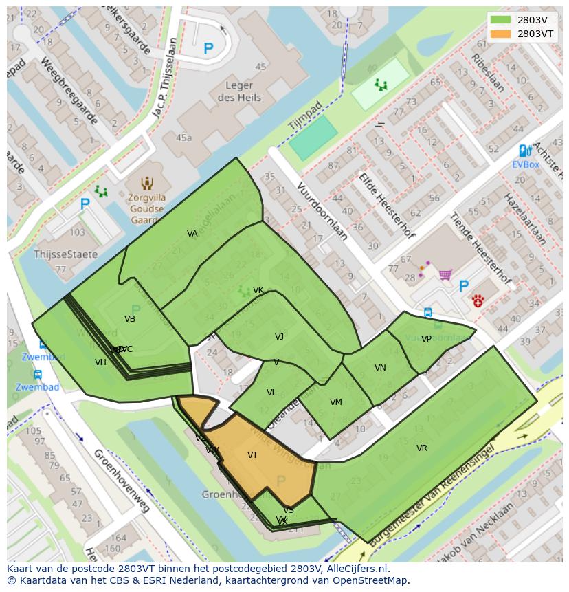 Afbeelding van het postcodegebied 2803 VT op de kaart.