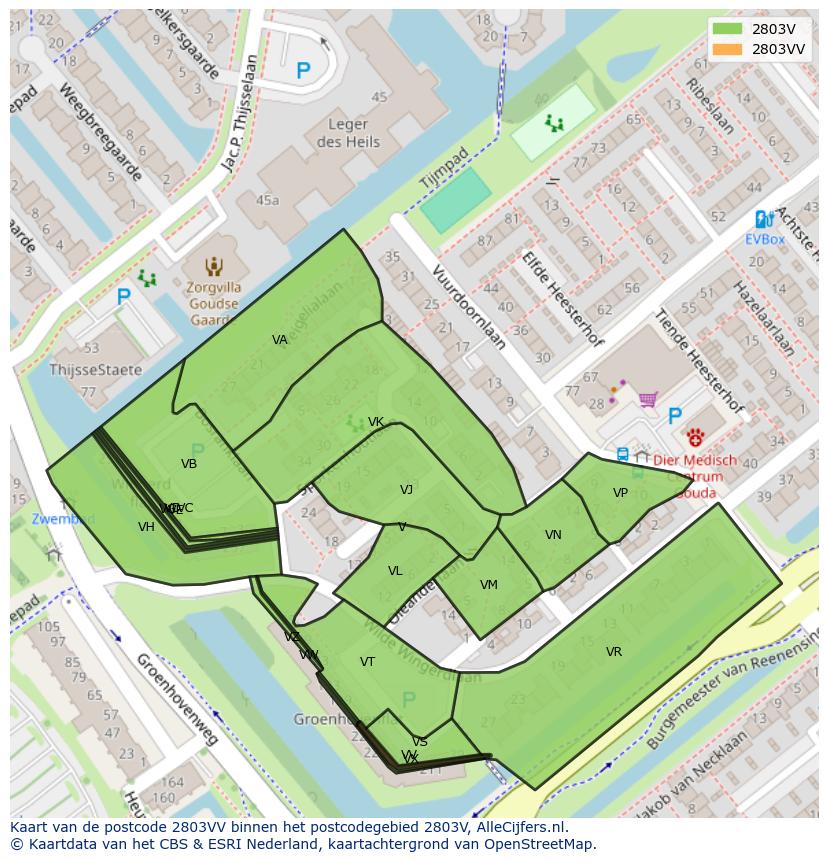 Afbeelding van het postcodegebied 2803 VV op de kaart.