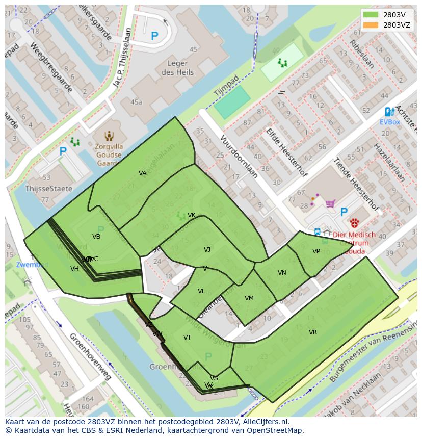 Afbeelding van het postcodegebied 2803 VZ op de kaart.
