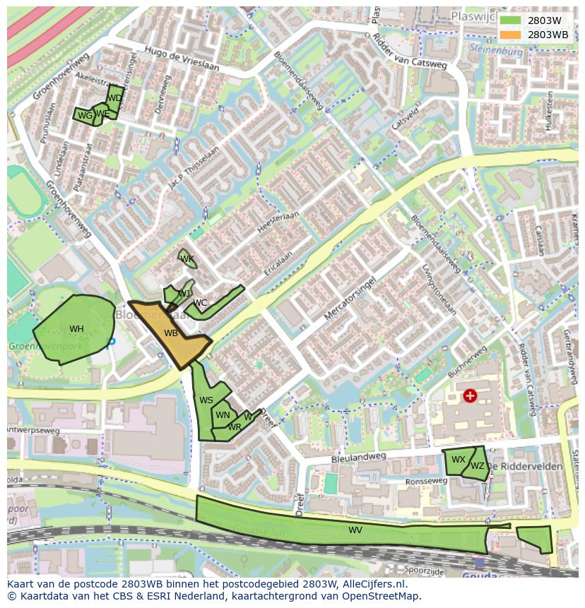 Afbeelding van het postcodegebied 2803 WB op de kaart.