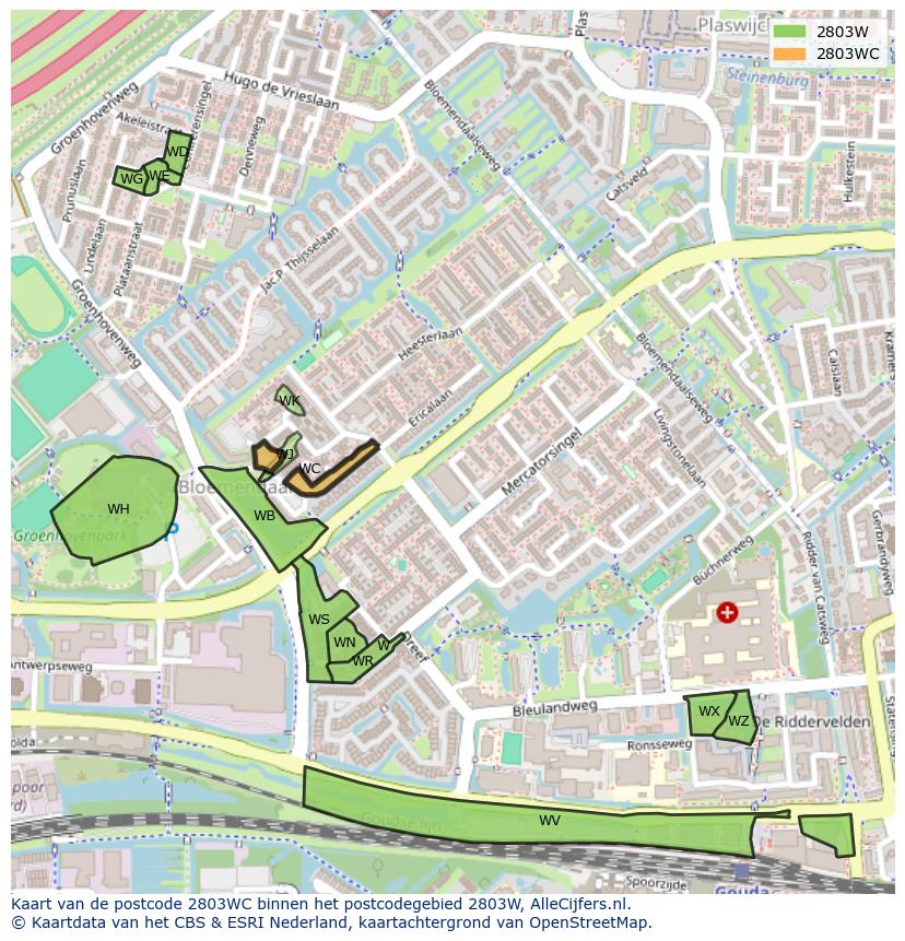 Afbeelding van het postcodegebied 2803 WC op de kaart.